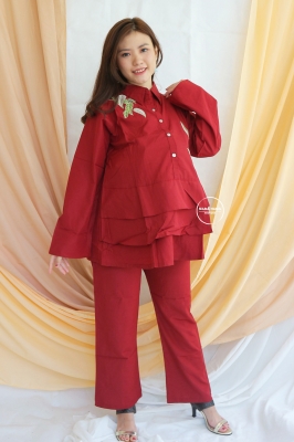 Setelan Muslim Layer Daun Karlina Set Muslim - STJ 83 Merah